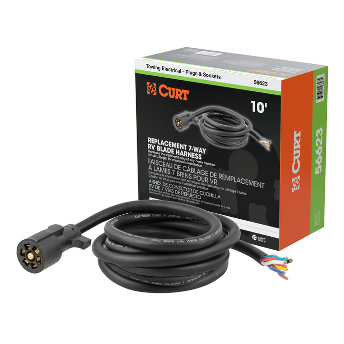 CURT Replacement 7-Pin RV Blade Trailer Wiring Harness Plug, 10-Foot Blunt-Cut Wires, Boxed Model 56623
