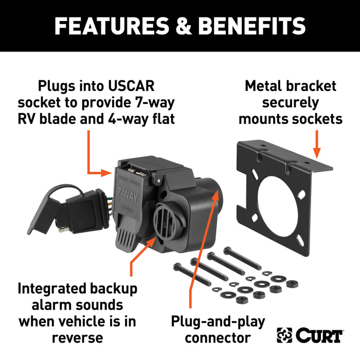CURT Dual-Output Vehicle-Side 7-Pin, 4-Pin Connectors with Backup Alarm, Factory Tow Package and USCAR Socket Required Model 57101