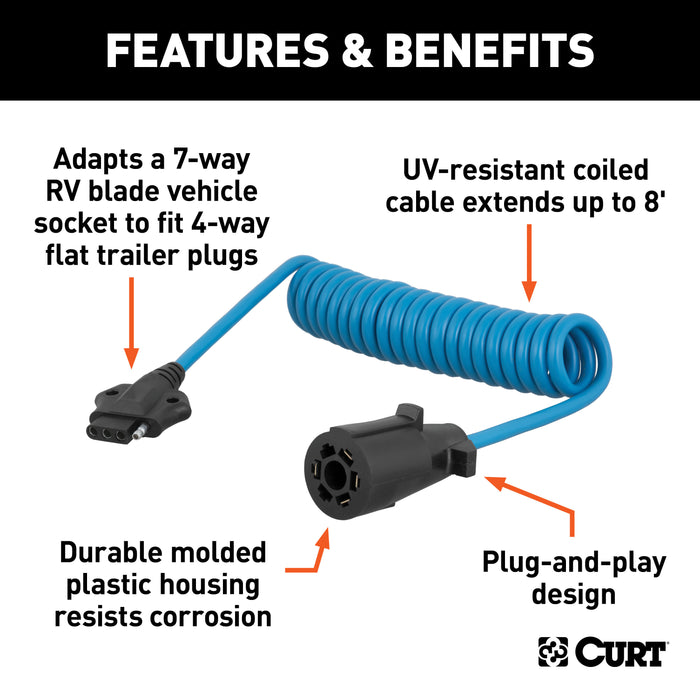 CURT 8-Foot 7-Way RV Blade Vehicle-Side to 4-Way Flat Trailer Wiring Adapter Extension Harness Model 57280
