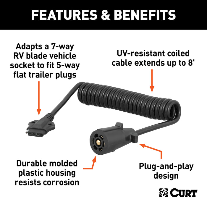 CURT 8-Foot 7-Way RV Blade Vehicle-Side to 5-Way Flat Trailer Wiring Adapter Extension Harness Model 57282
