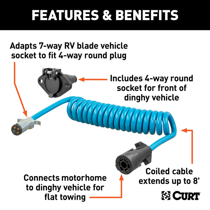 CURT 8-Foot Flat Towing 7-Way RV Blade Motorhome to 4-Way Round Dinghy Vehicle Wiring Adapter Extension Harness and Socket Model 57285