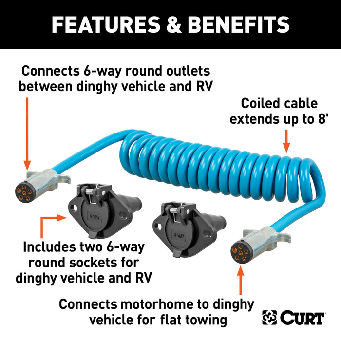 CURT 8-Foot Flat Towing 6-Way Round Motorhome to Dinghy Vehicle Wiring Adapter Extension Harness and Sockets Model 57286