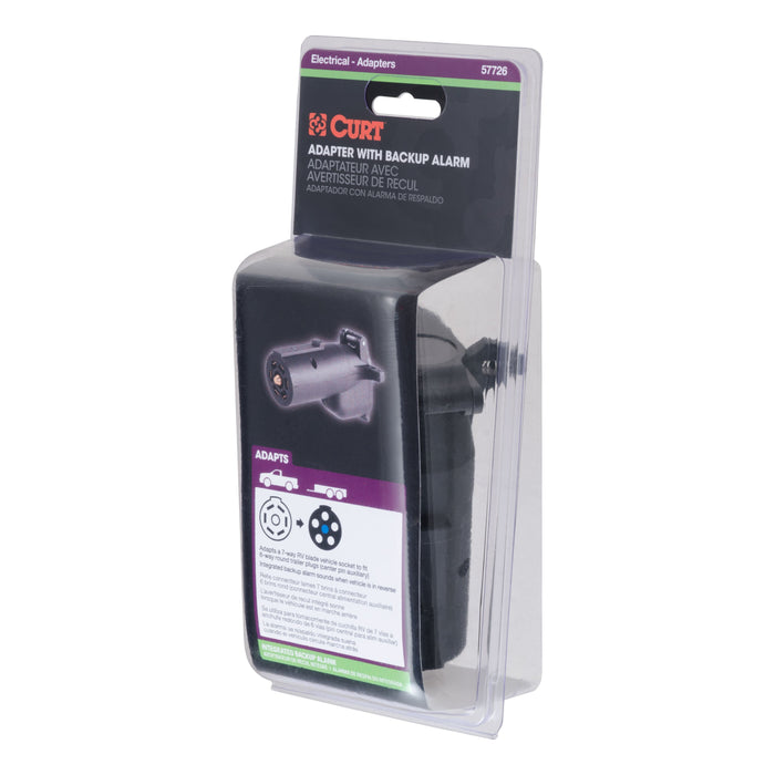 CURT 7-Way RV Blade Vehicle-Side to 6-Way Round Trailer Wiring Adapter with Backup Alarm, Center Pin Auxiliary Power Model 57726