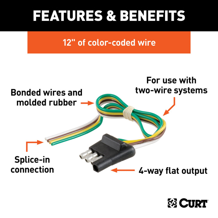 CURT Trailer-Side 4-Pin Flat Wiring Harness with 12-Inch Wires Model 58030