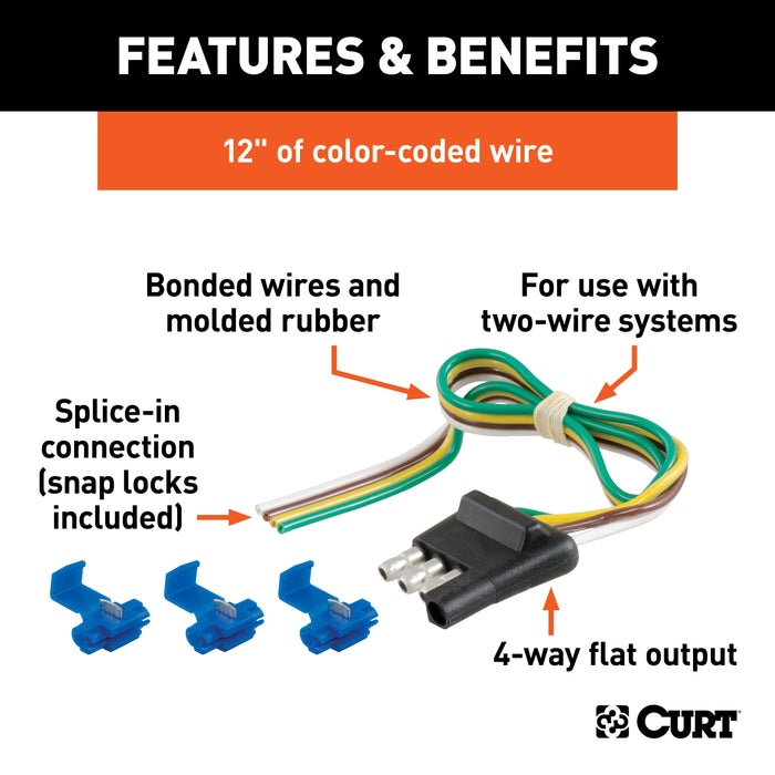 CURT Trailer-Side 4-Pin Flat Wiring Harness with 12-Inch Wires Model 58033