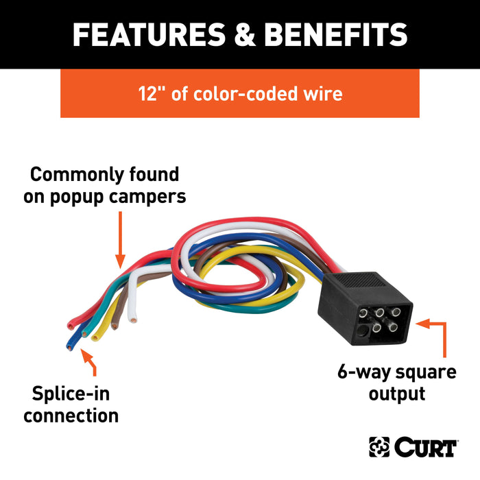 CURT Trailer-Side 6-Pin Square Wiring Harness with 12-Inch Wires Model 58037