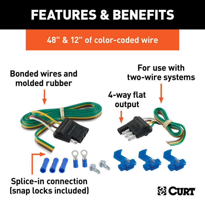 CURT 4-Pin Flat Wiring Harness, 48-Inch Vehicle-Side, 12-Inch Trailer-Side Wires Model 58305