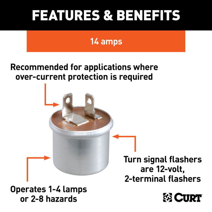 CURT 12-Volt 2-Terminal Turn Signal Flasher, 1-4 Lamps or 2-8 Hazards Model 58310