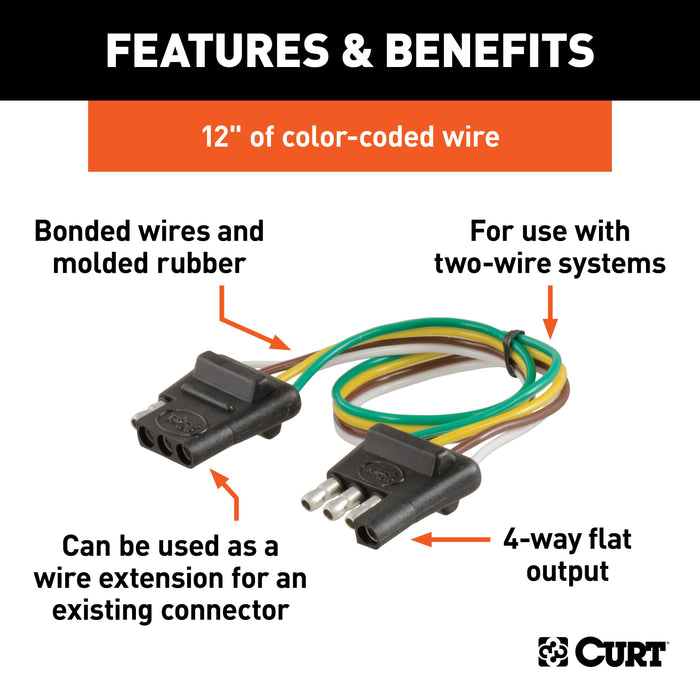 CURT Vehicle-Side and Trailer-Side 4-Pin Flat Wiring Harness with 12-Inch Wires Model 58380