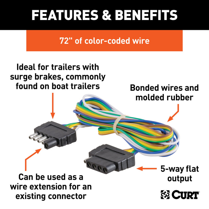 CURT Vehicle-Side and Trailer-Side 5-Pin Flat Wiring Harness with 72-Inch Wires Model 58550