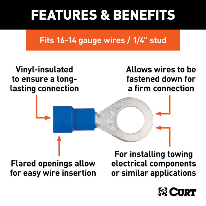 CURT 16-14 Gauge Blue Vinyl-Insulated Ring Terminal Wire Connectors, 1/4-Inch Stud, 100-Pack Model 59522