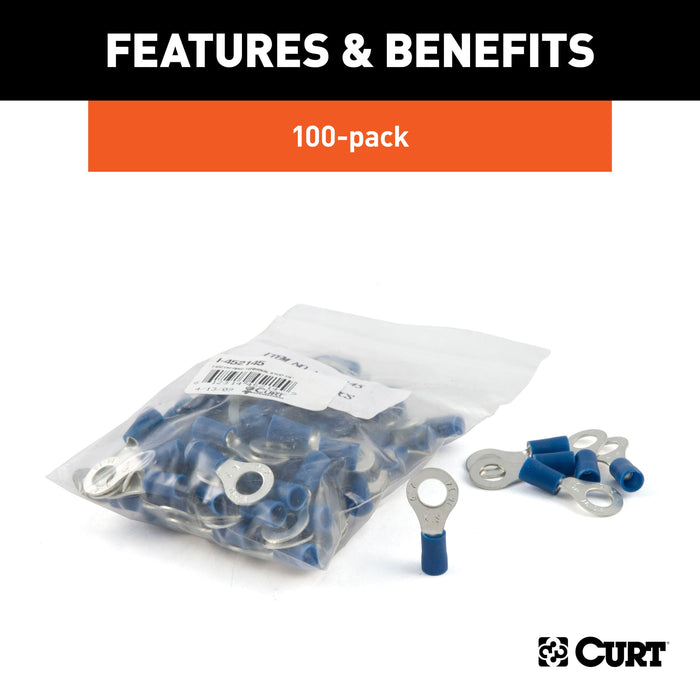 CURT 16-14 Gauge Blue Vinyl-Insulated Ring Terminal Wire Connectors, 1/4-Inch Stud, 100-Pack Model 59522