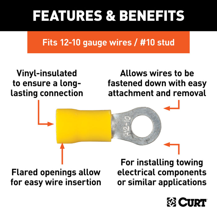 CURT 12-10 Gauge Yellow Vinyl-Insulated Ring Terminal Wire Connectors, #10 Stud, 100-Pack Model 59531