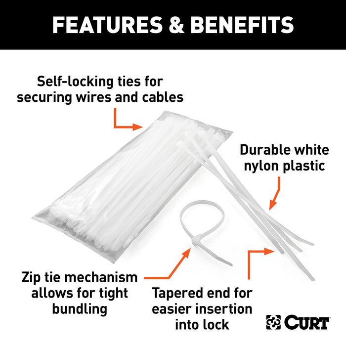 CURT Plastic Zip Ties, White, 14-1/4-Inch Long, 100-Pack Model 59732