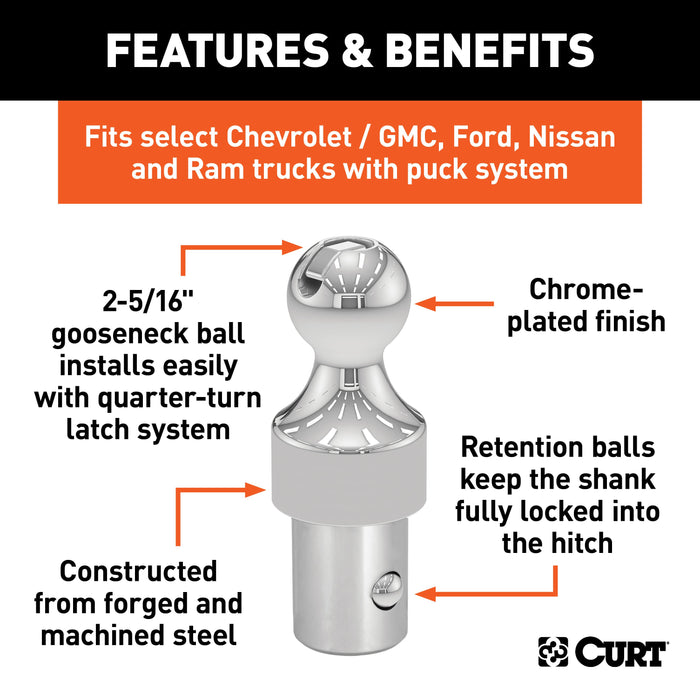 CURT 38K Factory Style 2-5/16-Inch Gooseneck Ball, Fits Select Chevrolet Ford, GMC, Nissan Titan XD, Ram, Puck System Required Model 60627