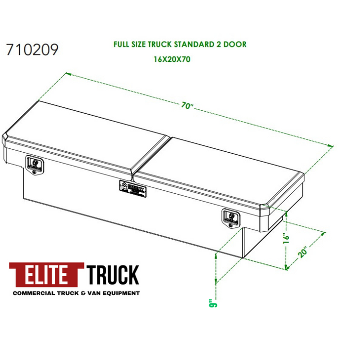 Merritt Crossover Tool Box Standard Depth 16x20x70 Diamond Plate Aluminum Double Lid Full Size Trucks