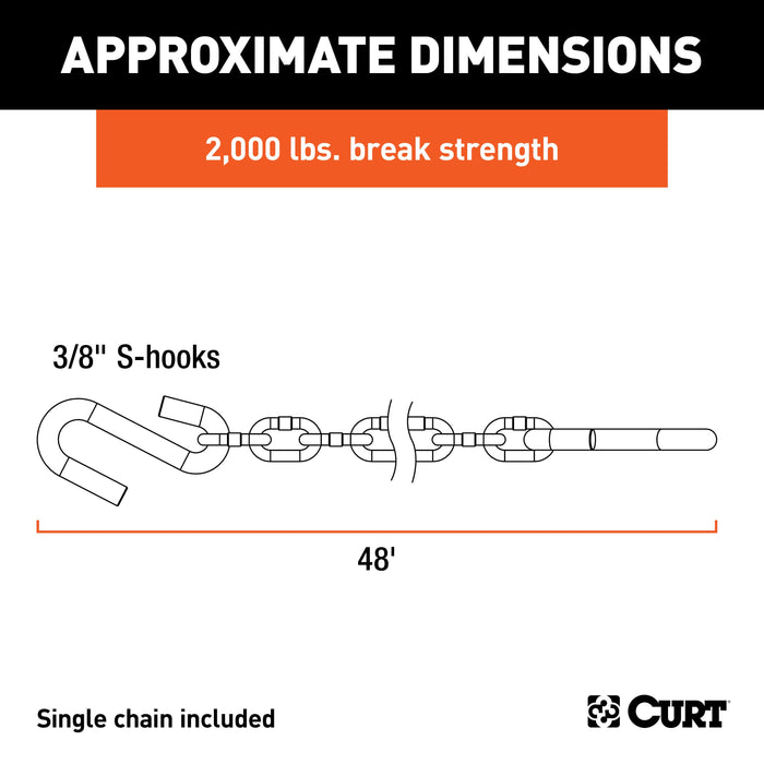 CURT 48-Inch Trailer Safety Chain with 3/8-In S-Hooks, 2,000 lbs Break Strength Model 80011