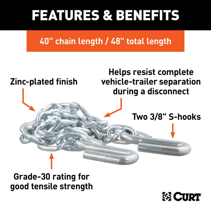 CURT 48-Inch Trailer Safety Chain with 3/8-In S-Hooks, 2,000 lbs Break Strength Model 80011