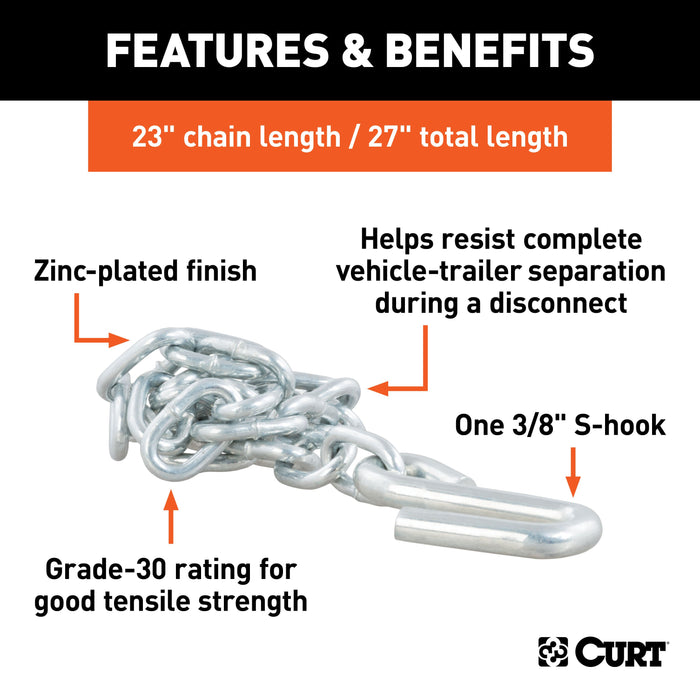 CURT 27-Inch Trailer Safety Chain with 3/8-In S Hook, 2,000 lbs Break Strength Model 80020