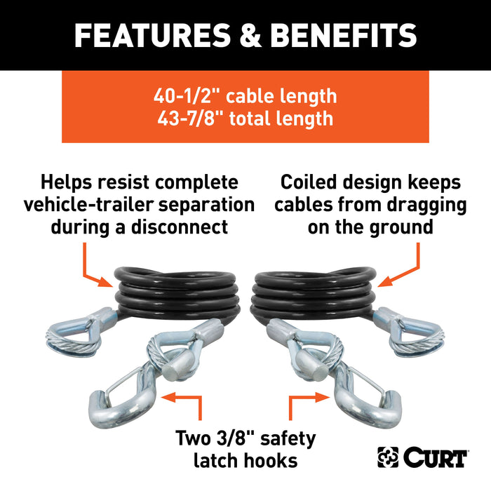 CURT 43-7/8-Inch Vinyl-Coated Trailer Safety Cables, 3/8-In Snap Hooks, 3,500 lbs Break Strength, 2-Pack Model 80136