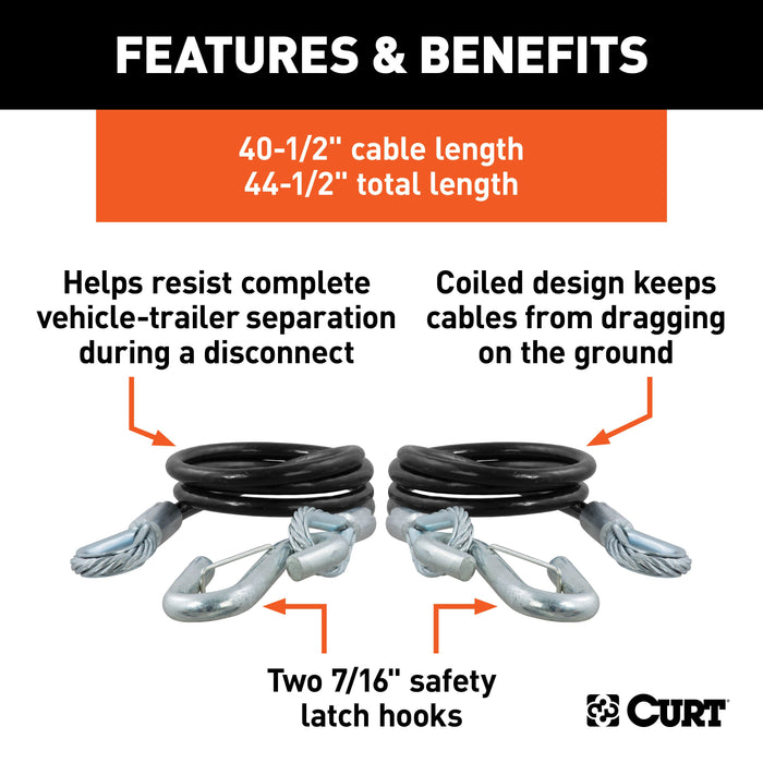 CURT 44-1/2-Inch Vinyl-Coated Trailer Safety Cables, 7/16-In Snap Hooks, 5,000 lbs Break Strength, 2-Pack Model 80151