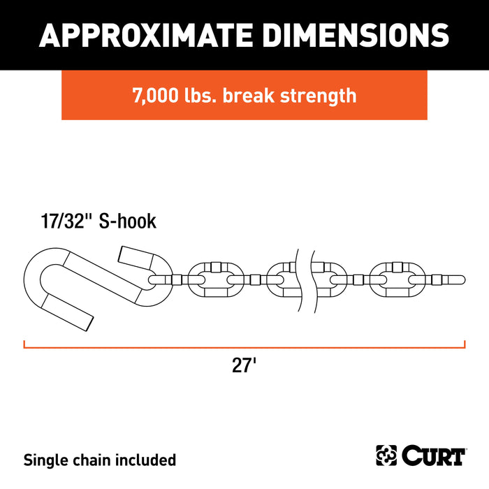 CURT 27-Inch Trailer Safety Chain with 17/32-In S-Hook, 7,000 lbs Break Strength Model 80300