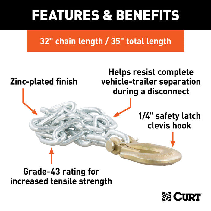 CURT 35-Inch Trailer Safety Chain with 1/4-In Clevis Snap Hook, 7,800 lbs Break Strength Model 80302
