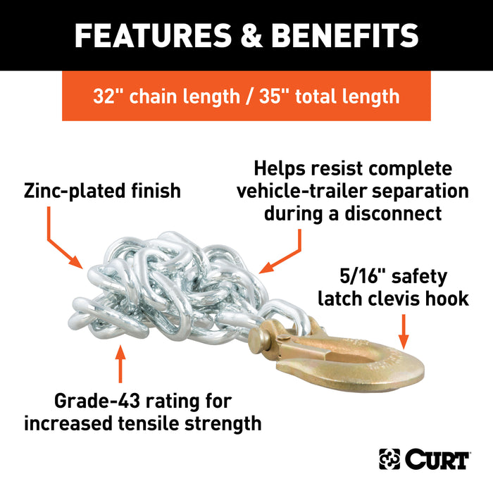 CURT 35-Inch Trailer Safety Chain with 5/16-In Clevis Snap Hook, 11,700 lbs Break Strength Model 80314