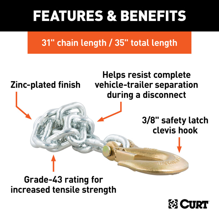 CURT 35-Inch Trailer Safety Chain with 3/8-In Clevis Snap Hook, 16,200 lbs Break Strength Model 80315