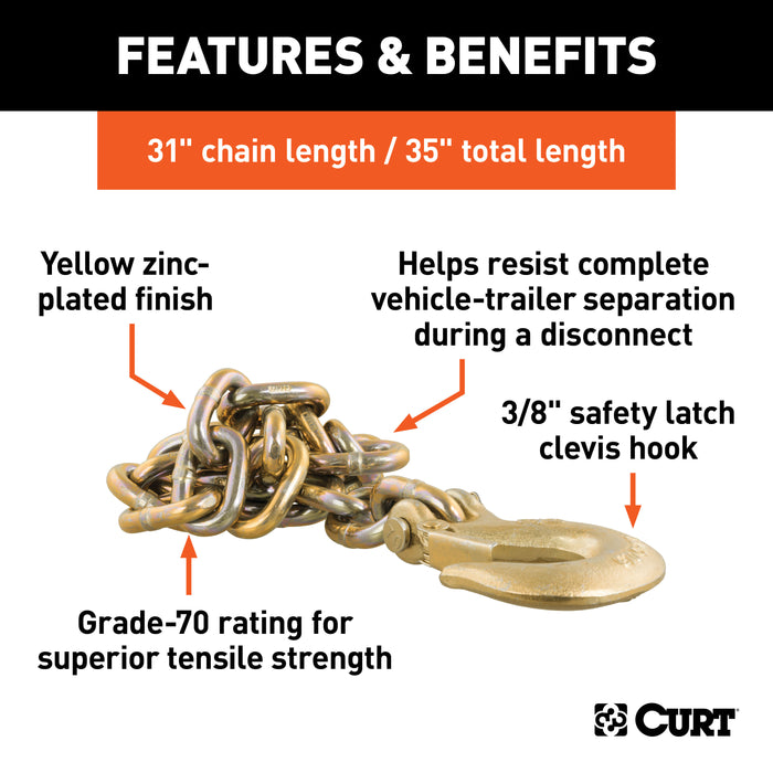 CURT 35-Inch Trailer Safety Chain with 3/8-In Clevis Snap Hook, 24,000 lbs Break Strength Model 80316