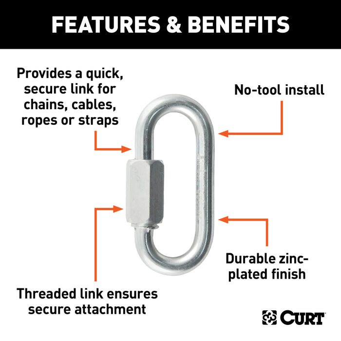 CURT Threaded Quick Link Trailer Safety Chain Hook Carabiner Clip, 1/4-Inch Diameter, 4,400 lbs Break Strength Model 82611