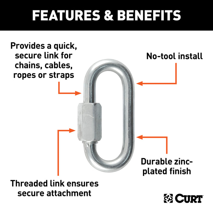 CURT Threaded Quick Link Trailer Safety Chain Hook Carabiner Clip, 5/16-Inch Diameter, 8,800 lbs Break Strength Model 82901