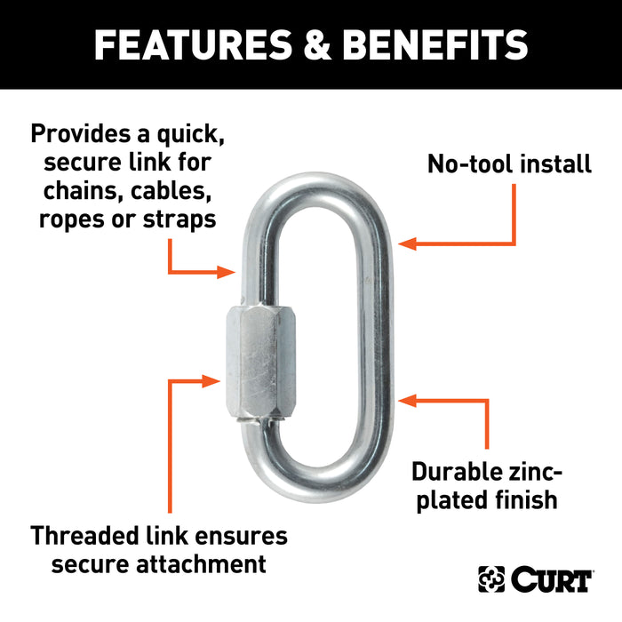 CURT Threaded Quick Link Trailer Safety Chain Hook Carabiner Clip, 3/8-Inch Diameter, 11,000 lbs Break Strength Model 82930