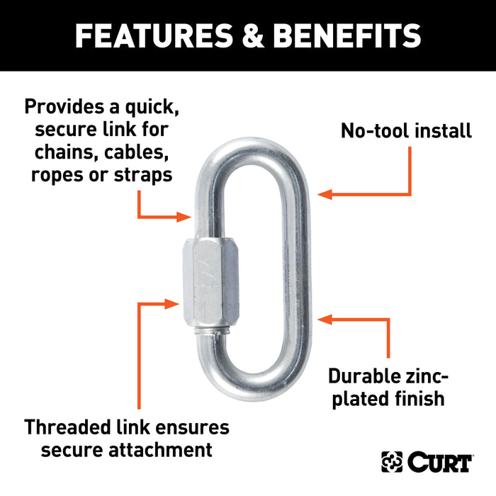 CURT Threaded Quick Link Trailer Safety Chain Hook Carabiner Clip, 7/16-Inch Diameter, 13,200 lbs Break Strength Model 82931