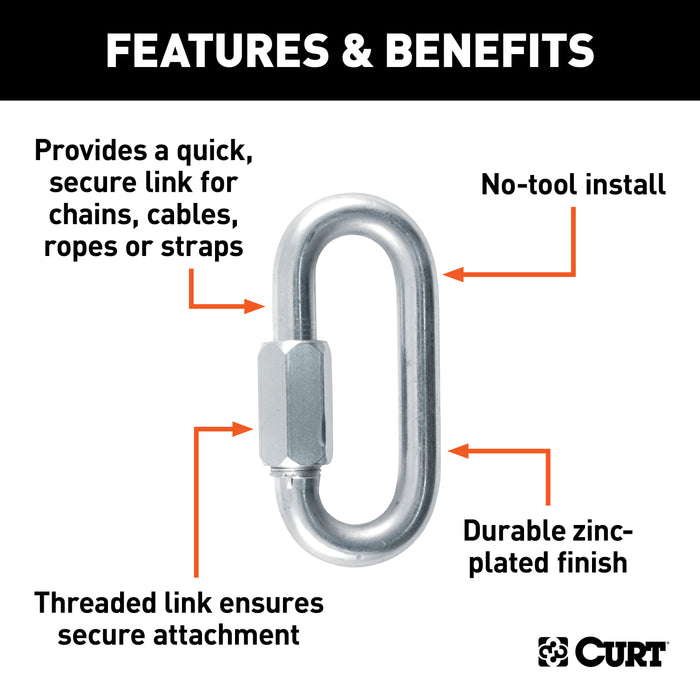 CURT Threaded Quick Link Trailer Safety Chain Hook Carabiner Clip, 1/2-Inch Diameter, 16,500 lbs Break Strength Model 82932