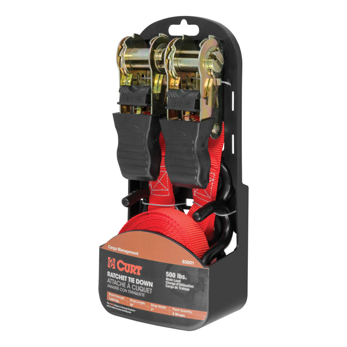 CURT 1-Inch x 10-Foot Red Nylon Ratchet Straps, 1,500 lbs. Break Strength, 2-Pack Model 83001