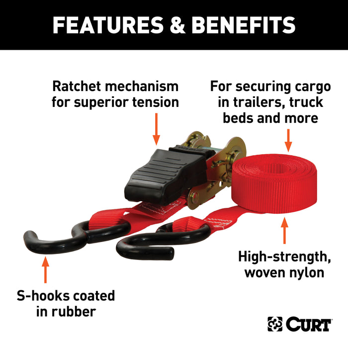 CURT 1-Inch x 16-Foot Red Nylon Ratchet Straps, 1,500 lbs. Break Strength, 4-Pack Model 83002