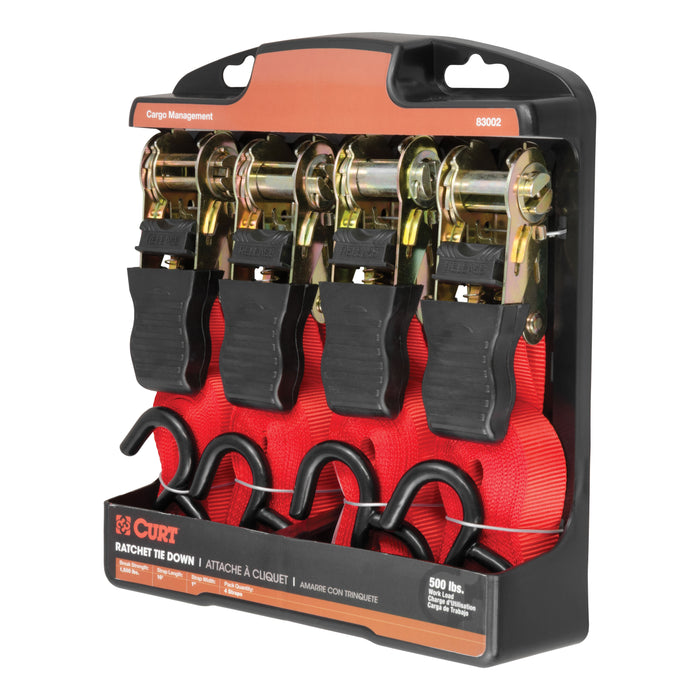 CURT 1-Inch x 16-Foot Red Nylon Ratchet Straps, 1,500 lbs. Break Strength, 4-Pack Model 83002
