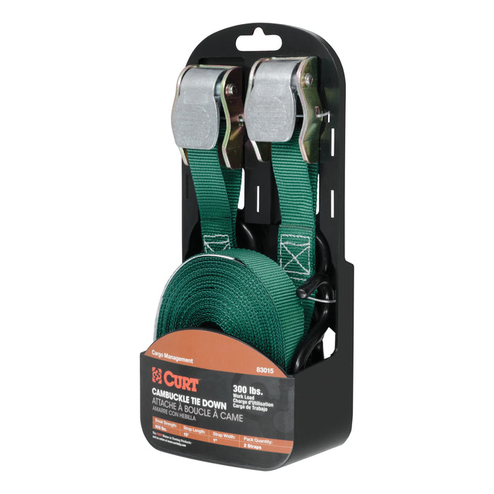 CURT 1-Inch x 15-Foot Dark Green Nylon Cargo Straps, 900 lbs. Break Strength, 2-Pack Model 83015