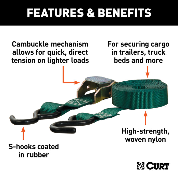 CURT 1-Inch x 16-Foot Dark Green Nylon Cargo Straps, 900 lbs. Break Strength, 4-Pack Model 83016