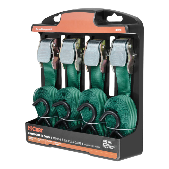 CURT 1-Inch x 16-Foot Dark Green Nylon Cargo Straps, 900 lbs. Break Strength, 4-Pack Model 83016