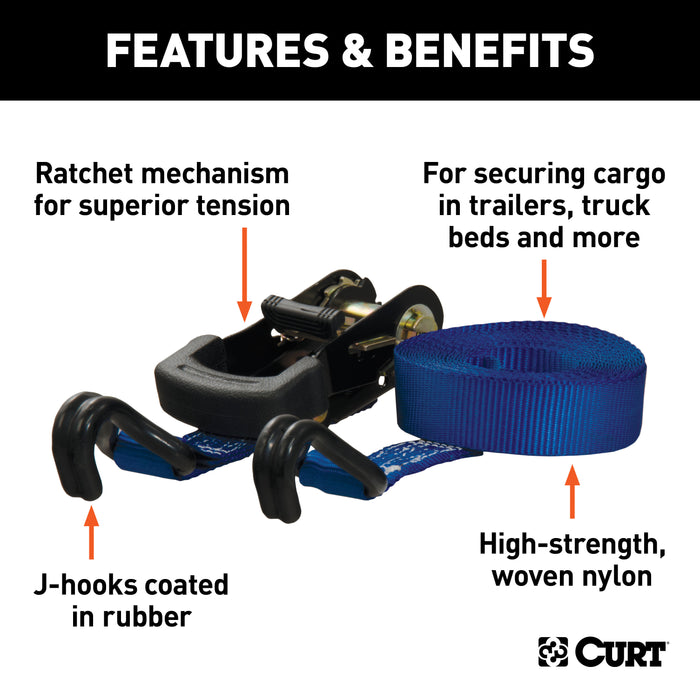 CURT 1-Inch x 16-Foot Blue Nylon Ratchet Straps, 2,200 lbs. Break Strength, 2-Pack Model 83020