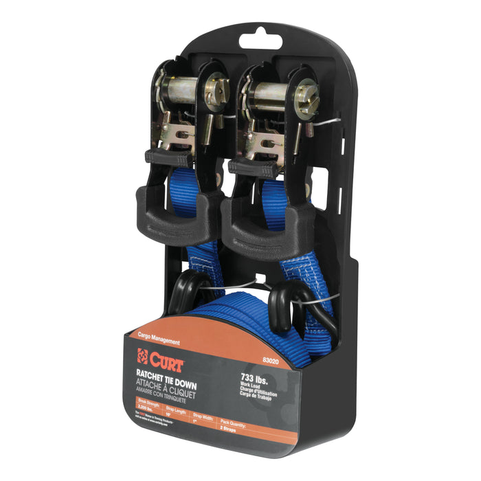 CURT 1-Inch x 16-Foot Blue Nylon Ratchet Straps, 2,200 lbs. Break Strength, 2-Pack Model 83020