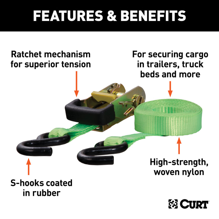 CURT 1-Inch x 16-Foot Lime Green Nylon Ratchet Straps, 3,300 lbs. Break Strength, 2-Pack Model 83028