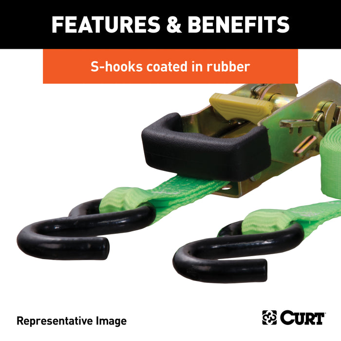 CURT 1-Inch x 16-Foot Lime Green Nylon Ratchet Straps, 3,300 lbs. Break Strength, 2-Pack Model 83028