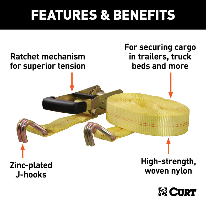 CURT 2-Inch x 27-Foot Yellow Nylon Ratchet Strap, 10,000 lbs. Break Strength Model 83047