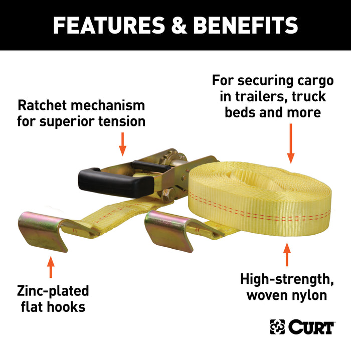 CURT 2-Inch x 27-Foot Yellow Nylon Ratchet Strap, 10,000 lbs. Break Strength Model 83048