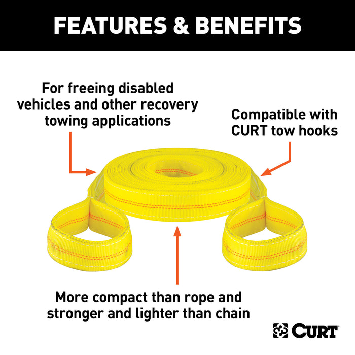 CURT 30-Foot Yellow Nylon Recovery Tow Strap, 18,000 lbs Break Strength Model 83066