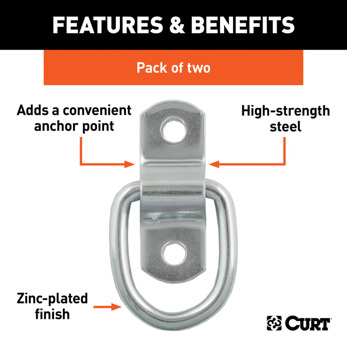 CURT 1 x 1-1/4-Inch Surface-Mounted Trailer D-Ring Tie Down Anchors, 2,400 lbs Break Strength, 2-Pack Model 83731