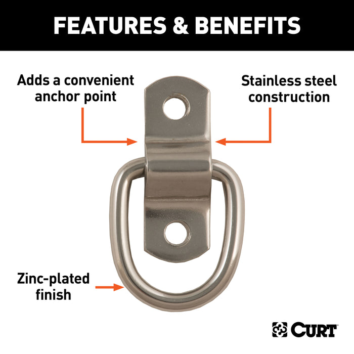 CURT 1 x 1-1/4-Inch Surface-Mounted Stainless Steel Trailer D-Ring Tie Down Anchor, 2,400 lbs Break Strength Model 83732
